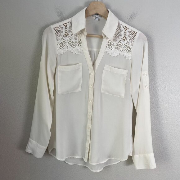 Express Womens XS Lace Shoulder Button Up Shirt Roll Tab Sleeve Blouse Top - Picture 1 of 8